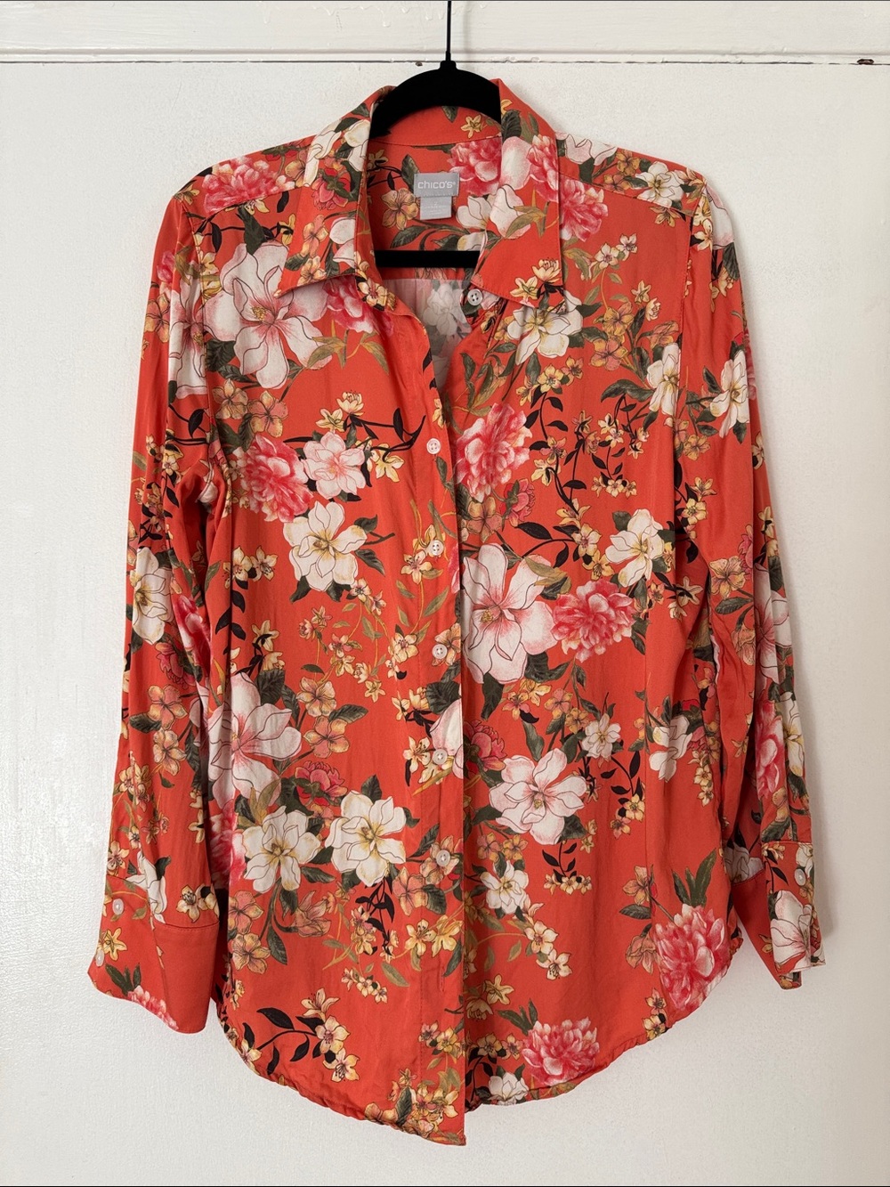 Chico's Coral Floral Button-Up Blouse